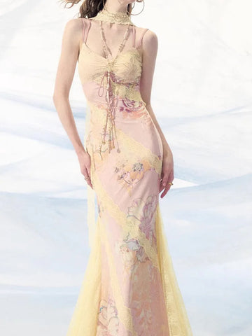 Xajzpa Fashion Printed Patchwork Dress Women's Camisole Stretch Lace Fishtail Dresses 2025 Summer New Tide